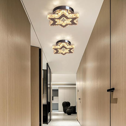 Mini LED Crystal Chandelier - Modern Dimmable Flush Mount Ceiling Light Fixture with Remote - Small Star Chandelier for Hallway, Foyer, Kitchen, Stair, Closet - 3 Colors Adjustable