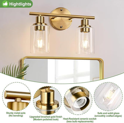 Zarbitta 2-Light Bathroom Light Fixtures, Brushed Gold Vanity Light, Modern Vanity Lights with Clear Glass Shade, Bathroom Wall Lamp for Mirror Kitchen Living Room Hallway Cabinet Porch