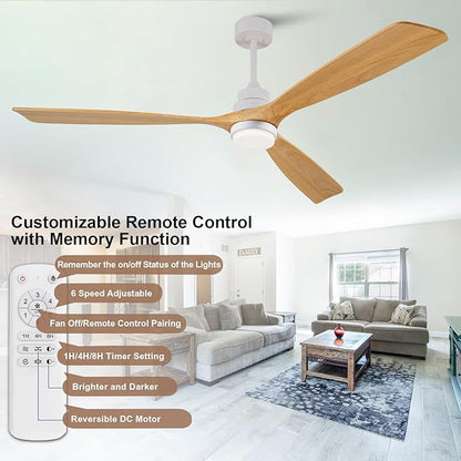 72 Inch Ceiling Fans with Lights and Remote, 3 Blades Wood Large Ceiling Fan, White Ceiling Fan with Light for Living Room Basement Sunroom Porch Patio, 6-Speed Remote Control
