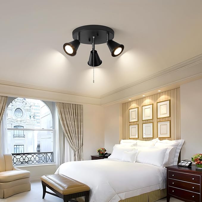 3-Light Industrial Directional Track Lighting with Pull Chain On/Off, Black Ceiling Spotlight, Morden Flush Mount Kitchen Light for Hallway,Dining Room,Porch,Office.Gu10 Bulbs Included