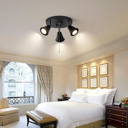 3-Light Industrial Directional Track Lighting with Pull Chain On/Off, Black Ceiling Spotlight, Morden Flush Mount Kitchen Light for Hallway,Dining Room,Porch,Office.Gu10 Bulbs Included