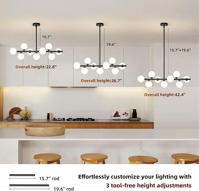 Mid Century Modern Sputnik Chandeliers: 9-Light Black Linear Dining Room Light Fixture - 40" Long Modern Milk White Glass Globe Pendant High Ceiling Chandelier Lighting for Living Room Kitchen Island
