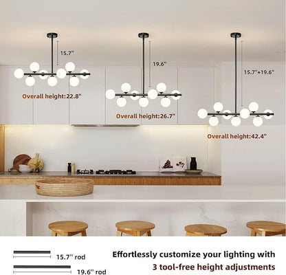 Mid Century Modern Sputnik Chandeliers: 9-Light Black Linear Dining Room Light Fixture - 40" Long Modern Milk White Glass Globe Pendant High Ceiling Chandelier Lighting for Living Room Kitchen Island