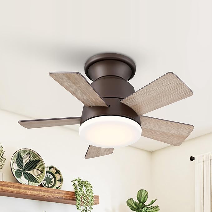 24" Mini Flush Mount Ceiling Fan with Light and Remote, 5-Blade Small Ceiling Fan for Bedroom Kitchen Office, Reversible AC Motor, Hugger Low Profile Fan with 3000K LED Light，Antique Brass