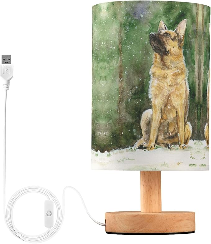 Table Lamp German Shepherd Dog Snowflake Nightstand Lamp with Wood Base Fabric Lamp Shade Bedside Desk Lamp for Living Room Bedroom Kids Room Office