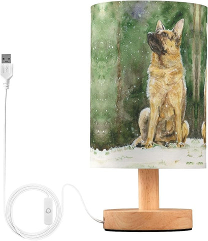 Table Lamp German Shepherd Dog Snowflake Nightstand Lamp with Wood Base Fabric Lamp Shade Bedside Desk Lamp for Living Room Bedroom Kids Room Office