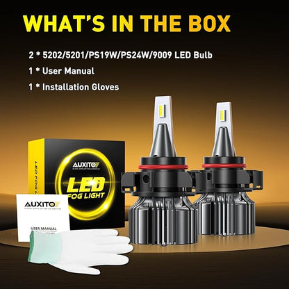 AUXITO 5202/5201 LED Fog Light Bulbs 20000LM, 1000% Brighter 6000K 5202/5201/PS19W/PS24W/9009 Fog Lights, 1:1 OEM Replacement for Cars Trucks SUVs, 3-Minute Installation, IP68 Waterproof, Pack of 2