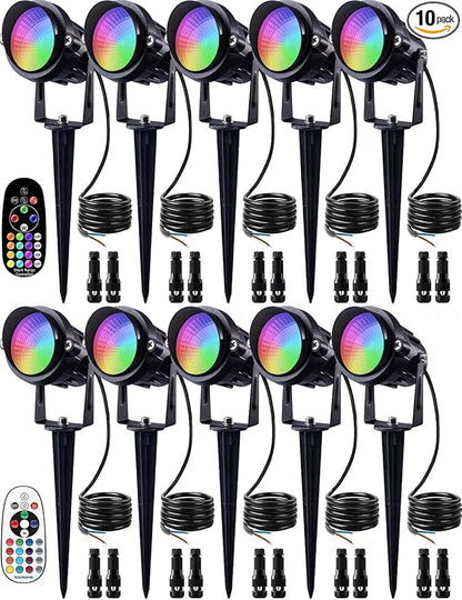 SUNVIE 12W Low Voltage Landscape Lighting RGB Color Changing LED Landscape Lights with Remote Control Waterproof Garden Patio Spotlight Christmas Decoration for Outdoor(10 Pack with Connector)