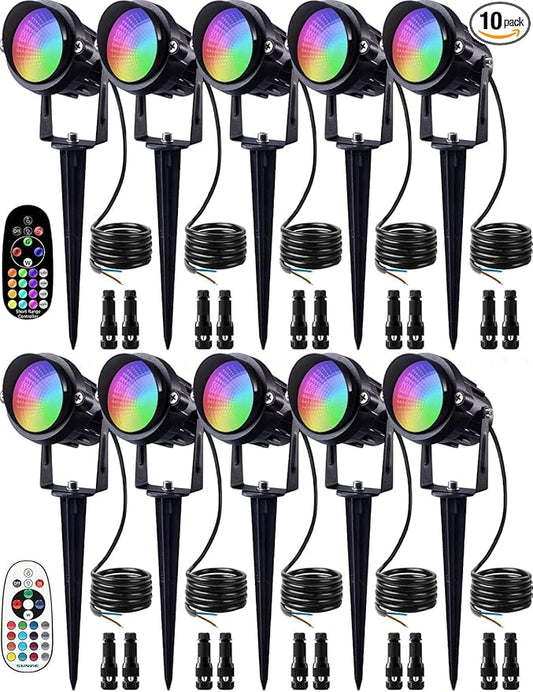 SUNVIE 12W Low Voltage Landscape Lighting RGB Color Changing LED Landscape Lights with Remote Control Waterproof Garden Patio Spotlight Christmas Decoration for Outdoor(10 Pack with Connector)