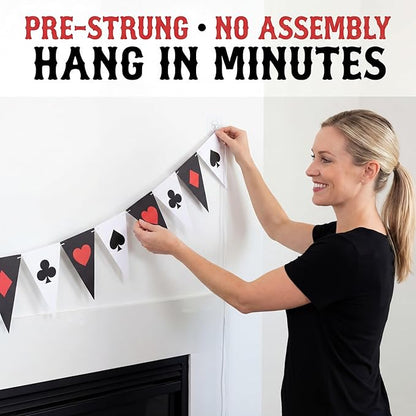 HESTYA 5 Pcs 49 Ft Casino Party Decorations Pennant Banner, Vegas Triangle Flags Garland, Poker Night Bunting with Playing Card Suits, Pre-Strung Paper for Birthday, Casino Night, Blackjack Decor