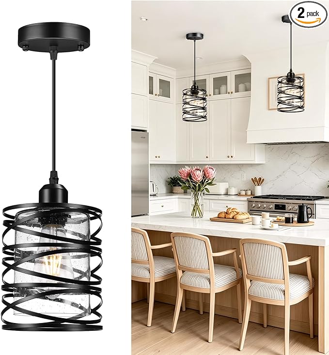 Pendant Lights Kitchen Island, Modern Black Farmhouse Hanging Light with Bubble Seeded Glass, 2 Pack Pendant Lighting with Adjustable Height for Dining Room, Bedroom, Living Room, Hallway