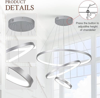 3 Ring Modern LED Chandelier Silver Dimmable Round Chandeliers, LED Circular Pendant Light Fixture with Remote Control for Living Room, Dining Room, Office, Entry, Bedroom