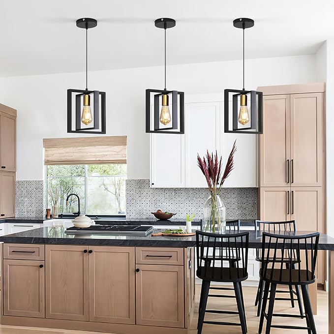 3 Pack Black Industrial Farmhouse Pendant Light, Vintage Metal Rustic Hanging Light, Adjustable Height Kitchen Island Pendant Lights Fixture, Mini Ceiling Lamp for Entryway, Dining Room, Foyer