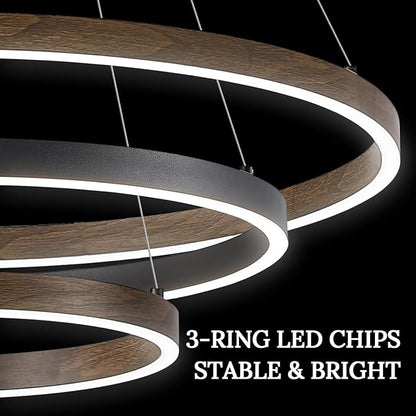 LED 3 Ring Chandelier Dining Room Modern Black Chandelier with Remote Control Dimmable High Ceiling Pendant Light for Entry Foyer Living Room Bedroom Kitchen Island, 75W