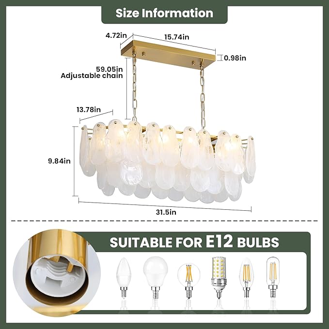 KELUOLY Modern Glass Chandelier 8-Light Rectangle Gold Brass Chandelier Luxury Oval 2-Tiers Crystal Cloud Glass Pendant Ceiling Light for Dining Room Living Room Kitchen Island L31.5'' (E12)