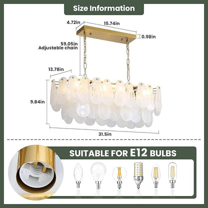 KELUOLY Modern Glass Chandelier 8-Light Rectangle Gold Brass Chandelier Luxury Oval 2-Tiers Crystal Cloud Glass Pendant Ceiling Light for Dining Room Living Room Kitchen Island L31.5'' (E12)