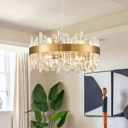 Siljoy Modern Gold Round Crystal Chandelier, 12-Light Luxury 2-Tiers K9 Crystal Raindrop Chandelier, Dimmable Crystal Ceiling Light for Dining Room Living Room Bedroom Foyer D19.7''