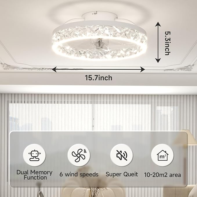VOLISUN Fandelier Ceiling Fans with Light, 15.7in Low Profile Ceiling Fan with Light and Remote, 3000K-6500K Dimmable Bladeless Ceiling Fan Flush Mount, White Modern Ceiling Fan with Light for Bedroom