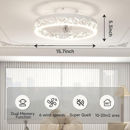 VOLISUN Fandelier Ceiling Fans with Light, 15.7in Low Profile Ceiling Fan with Light and Remote, 3000K-6500K Dimmable Bladeless Ceiling Fan Flush Mount, White Modern Ceiling Fan with Light for Bedroom