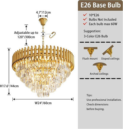 Modern Gold Crystal Chandelier, 24" 10-Light Round Chandelier,5 Tiers Ceiling Pendant Light, Large Adjustable Hanging Raindrop Chandeliers for Dining Room, Foyer, Living Room, Staircase