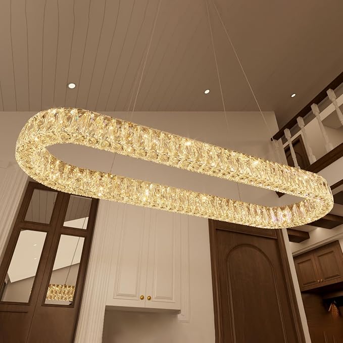 HAIXIANG LED Long Chandeliers for Dining Table Modern Chandelier Dimmable Pendant Lights Crystal Rectangular Glam Lighting Fixtures for Dining Room Kitchen Island Gold