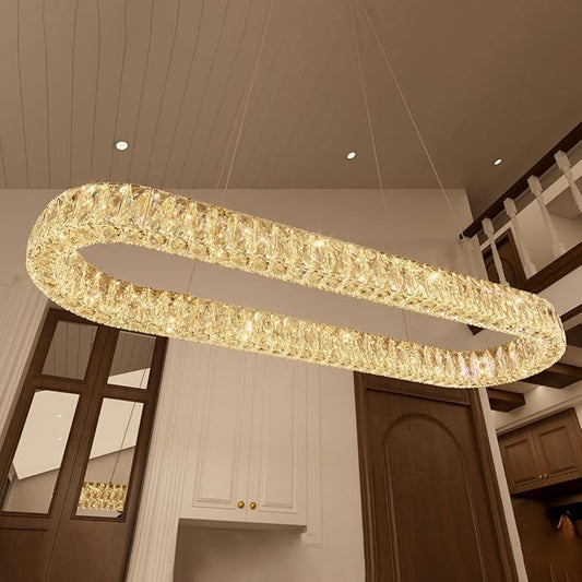 HAIXIANG LED Long Chandeliers for Dining Table Modern Chandelier Dimmable Pendant Lights Crystal Rectangular Glam Lighting Fixtures for Dining Room Kitchen Island Gold