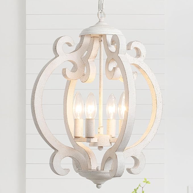 Farmhouse Chandelier for Dining Room, French Country Chandelier Distressed White, 4-Light Rustic Wooden Chandelier, Cottage Antique Wood Hanging Light Fixture for Entryway Foyer Living Room Kitchen