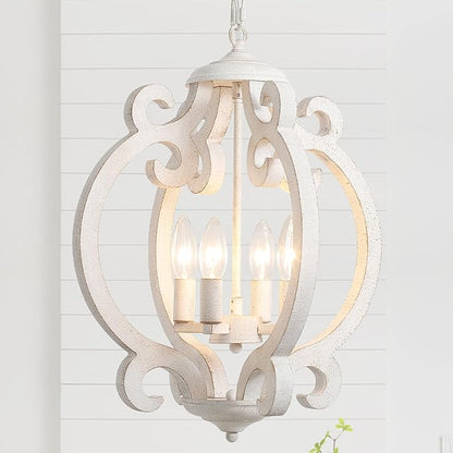 Farmhouse Chandelier for Dining Room, French Country Chandelier Distressed White, 4-Light Rustic Wooden Chandelier, Cottage Antique Wood Hanging Light Fixture for Entryway Foyer Living Room Kitchen