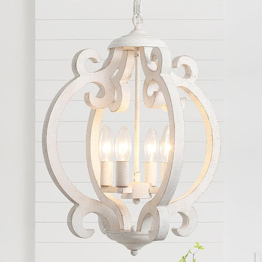 Farmhouse Chandelier for Dining Room, French Country Chandelier Distressed White, 4-Light Rustic Wooden Chandelier, Cottage Antique Wood Hanging Light Fixture for Entryway Foyer Living Room Kitchen