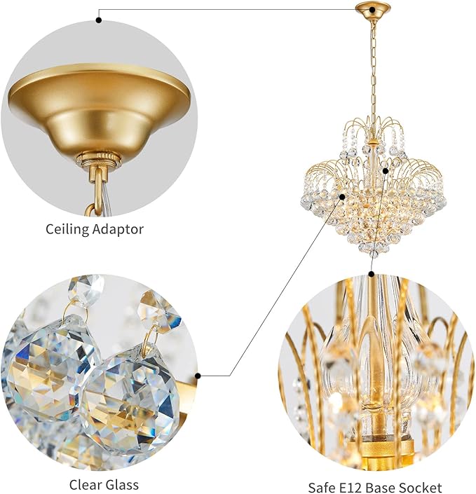 WUZUPS Crystal Chandelier Pendant Flushmount Ceiling Light Modern Lighting Fixture for Bedroom Hallway Bar Kitchen Bathroom, H 17.3" x W 18.9", Gold, E12 Base