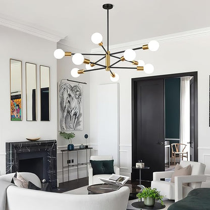 32" Modern Chandelier Ceiling Light Fixture, 10-Light Sputnik Chandeliers Brushed Gold and Black Dining Room Light Fixture, Height Adjustable Chandeliers for Dining Room Living (Bulbs Not Included)