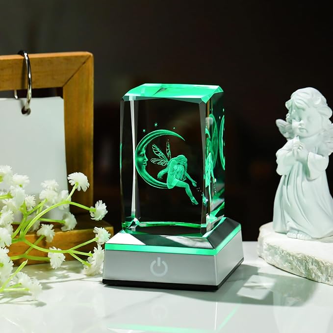 3D Crystal Cube Fairy & Moon Figurines Night Light Room Decor Engraved Glass Fairy Gifts for Girls Adults Women, Collectible Paperweight Statue Ornament