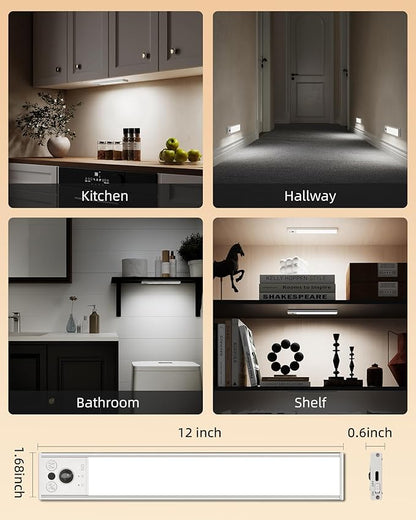 EZVALO 12inch Under Cabinet Lighting, Rechargeable Motion Sensor Light Indoor with 3 Color Temperatures, Dimmable & Magnetic Closet Lights, Wireless Under Counter Lights for Kitchen, Stairs (2 Pack)