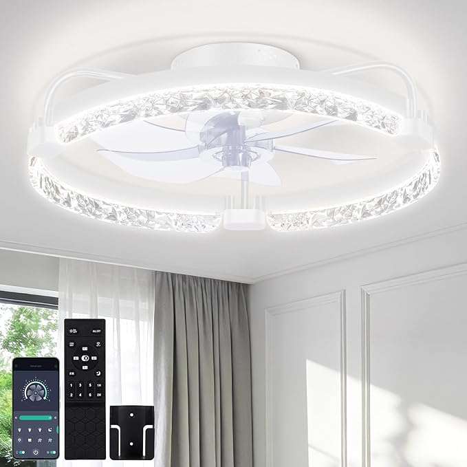 OUTON 20" Fandelier Low Profile Ceiling Fan with Light, Remote & App Control, Flush Mount Ceiling Fan with 3000K-6500K Stepless Dimmable, 6 Speed, Quiet DC Motor, Small Modern Fans for Bedroom White