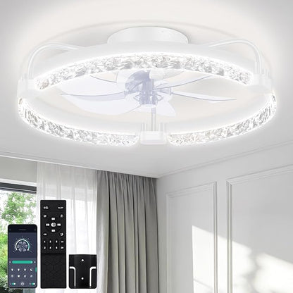 OUTON 20" Fandelier Low Profile Ceiling Fan with Light, Remote & App Control, Flush Mount Ceiling Fan with 3000K-6500K Stepless Dimmable, 6 Speed, Quiet DC Motor, Small Modern Fans for Bedroom White
