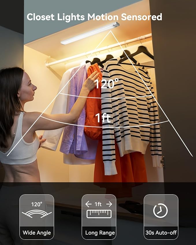 12 Inches Under Cabinet Lighting 12 Packs with 2 Charging Stations, Rechargeable Motion Sensor Light Indoor, 3 Color Temps, Dimmable Closet Light Stick on, Under Counter Lights for Kitchen