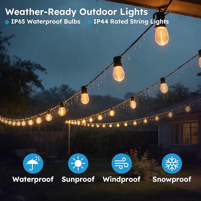 GvvooHome 100FT S11 LED Outdoor String Lights with App & Remote, Low-Voltage Patio Lights with Music Sync, 4 Lighting Modes, Dimmable, Waterproof LED Lights for Backyard, Porch, Garden, Deck, Party