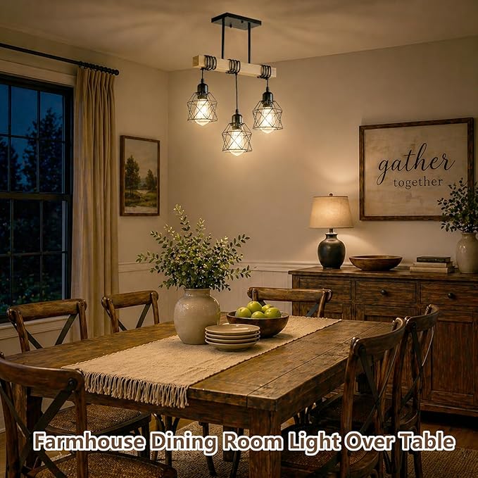 3 Light Farmhouse Ceiling Light,Pendant Light Kitchen Island,Dining Room Chandelier Light Fixture Over Table,Rustic Hanging Light for Kithen,Dining Room,Real Wood,Black Metal Cage