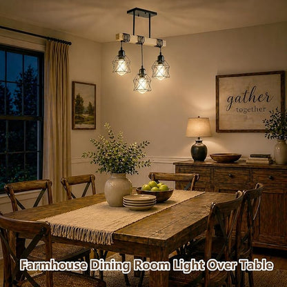 3 Light Farmhouse Ceiling Light,Pendant Light Kitchen Island,Dining Room Chandelier Light Fixture Over Table,Rustic Hanging Light for Kithen,Dining Room,Real Wood,Black Metal Cage