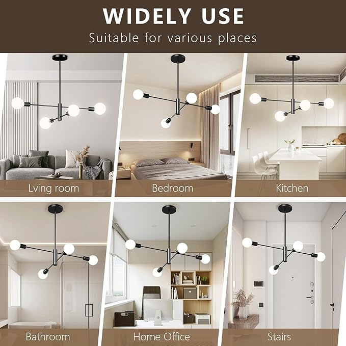 Modern Sputnik Chandelier 4-Light Black, Mid Century Chandelier for Living Room, Kitchen, Dining Room, Bedroom,Foyer - Height Adjustable (Bulbs Not Included)