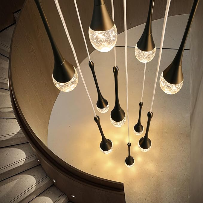 Raindrop Crystal Chandelier High Ceiling: 12 Lights Dimmable LED With Remote - Large Long Modern Bubble Hanging Pendant Light Fixture Spiral Chandeliers for Living Room Staircase Entryway Foyer Black