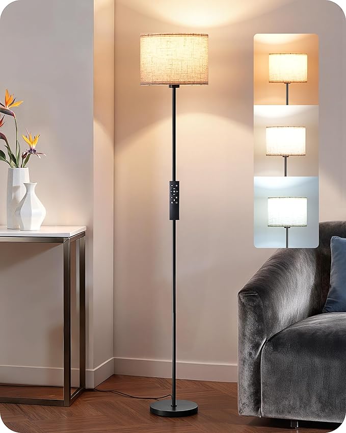EDISHINE Floor Lamps with 2 Lampshades, 63.7" Modern Standing Lamp with Foot Switch and Remote Control, Stepless Dimmable Minimalist Lamps for Bedroom, Office, (9W LED Bulb Included), Black