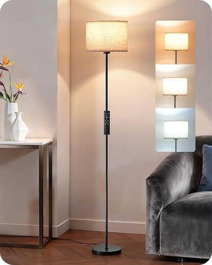 EDISHINE Floor Lamps with 2 Lampshades, 63.7" Modern Standing Lamp with Foot Switch and Remote Control, Stepless Dimmable Minimalist Lamps for Bedroom, Office, (9W LED Bulb Included), Black