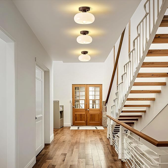 WOKNOS Mid-Century Modern Semi Flush Mount Ceiling Light, Faux Walnut Wood Kitchen Light Fixtures with Glass Shade, Mini White Close to Ceiling Lamp for Entryway Hallway Bathroom (8.66 Inch)