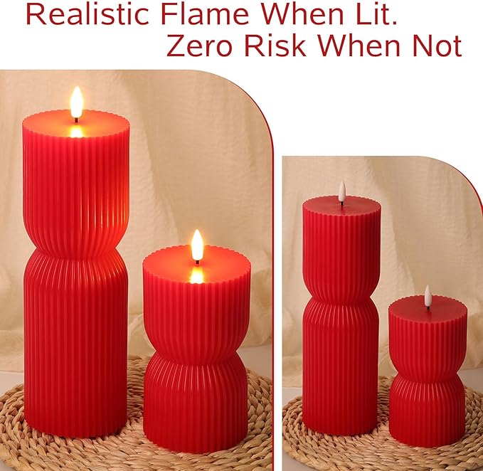 Red Ribbed Fluted Flameless Pillar Candles with Remote, Battery LED Wax Candles Flickering Home Aesthetics Decor Gift Set of 2