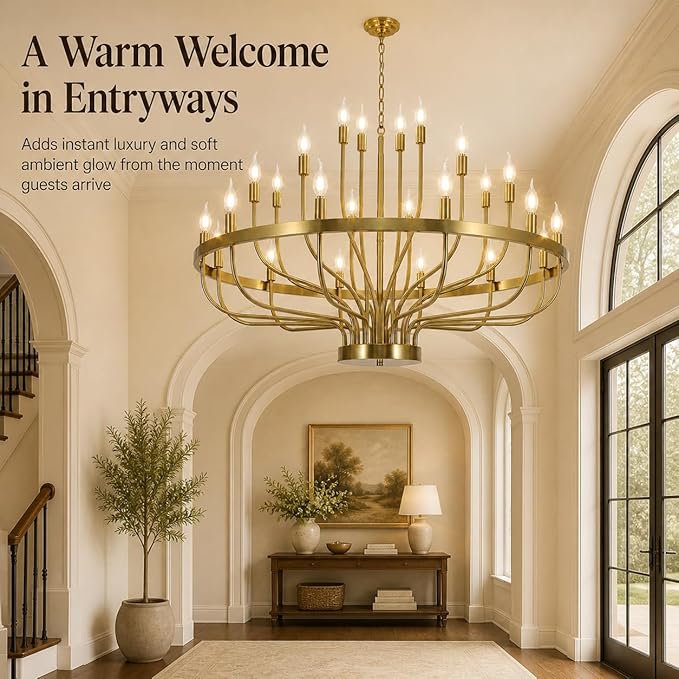 Shandaglo Large Gold Chandelier 24-Light, 39in Wagon Wheel Chandelier for High Ceilings, 3-Tier Foyer Chandelier for Entryway, Dining Room Light Fixture, Living Room Farmhouse Ceiling Light ﻿