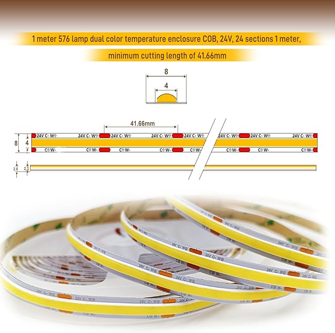 Pandery COB LED Strip Light,CCT Dimmable Strips Light,2700K-6500K,50ft/15m,8mm Wide,CRI90+ 24V LED Strips Kit with Bluetooth APP Control/Music Mode,for Bedroom,Kitchen,DIY Lighting