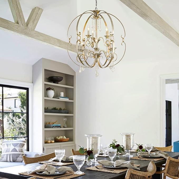Farmhouse Crystal Chandeliers for Dining Room Light Fixture,2 Tier 9 Light 30 Inch Antique Silver Sphere Bronze Chandelier for Living and Dining Areas,Living Room,Staircases,Entryways