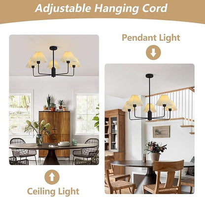 KCO Lighting Vintage Pleated Fabric Ceiling Light Fixture Mid Century Modern Black Chandelier Contemporary Large White Chandelier 5 Light Chandeliers for Dining Room Living Room