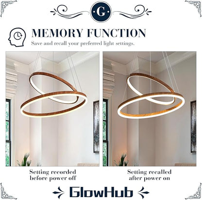 LED Chandelier for Dining Room 2 Ring LED Ceiling Hanging Light Adjustable Dimmable with Remote Modern Farmhouse Circular Wood Painted Round Pendant Light for Entryway, Bedroom, Office